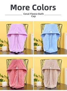 Selection of four-color coral fleece hair drying caps with button fasteners in close-up detail