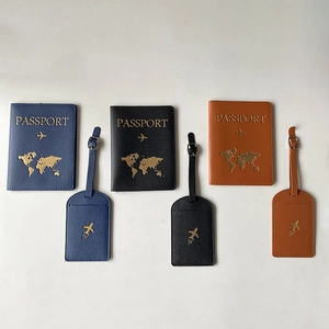 Three sets of PU leather passport covers and luggage tags in blue, black, and brown colors