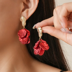 Bohemian Acrylic Petal Drop Earrings With Alloy Hammered Metal And 925 Sterling Silver Earring Post Vintage Jewelry