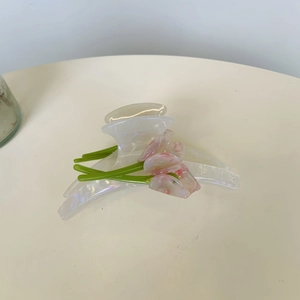 French Calla Lily acetate hair claw clip with pearl white petals and pink buds