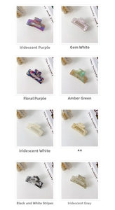 Detailed grid showing eight assorted patterns of acetate rectangle hair claw clips