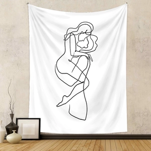 Detail of artistic one-line drawing couple embrace on white minimalist tapestry