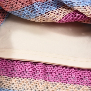 Vue détaillée du tricot au crochet multicolore avec motifs ajourés et doublure douce