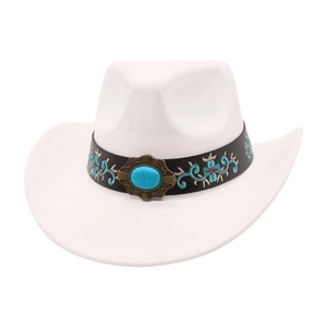 Detail of white western cowboy hat with turquoise gemstone and floral embroidery on strap