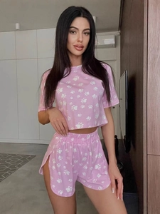 Polyester Loungewear Short Sleeve Crop Top And Shorts Heart Paw Print Casual Summer Sleepwear For Women Comfort Home