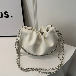White minimalist pleated cloud bag with leather and silver chain strap for women