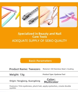 Macro detail of high-quality colorful 430 stainless steel tweezers and grooming tool set