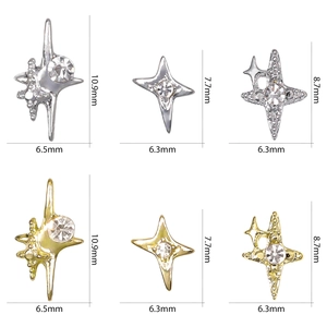 3D star nail charms in silver and gold with rhinestones and detailed size measurements