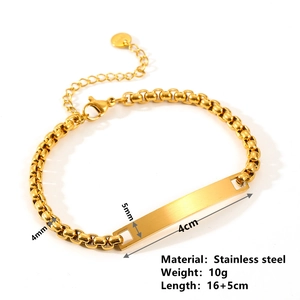 Minimalist gold stainless steel rectangle bar bracelet with adjustable 16+5cm length chain