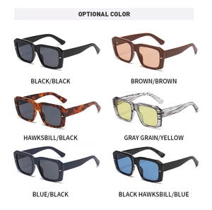 Collage of retro oversized square sunglasses in six diverse colors on white background