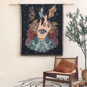 Bohemian wall tapestry with mystic eye and crystal patterns on black woven cotton fabric