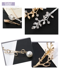 Macro view of gold and silver leaf hair clips with faux pearls and rhinestones