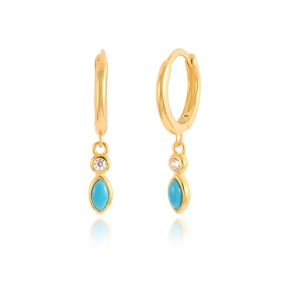 Detail of S925 silver gold plated hoop earrings with marquise turquoise and zircon stones