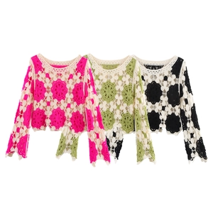 Damen Häkeln Oberteil Langarm Floral Stricken Rundhals Retro Boho Shrug Französischer Stil Kurzpullover