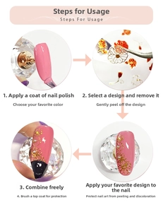 Four-step tutorial showing application of floral nail stickers with base and top coat