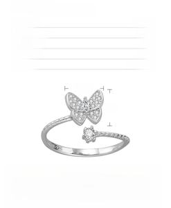 Macro detail of S925 sterling silver butterfly ring with cubic zirconia dimensions 8.5x7.7mm