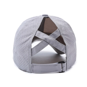 Breathable light grey ponytail baseball cap with elastic criss-cross back for women
