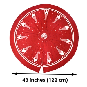 Detail of 48-inch red knitted Christmas tree skirt with gnome patterns and ties