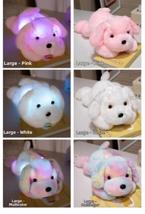 Luminous plush dog pillow showing LED light effects in pink, white, and colorful large sizes