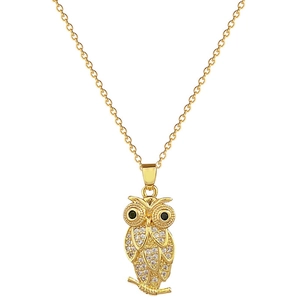 Elegant gold titanium steel necklace featuring a shimmering pave-set owl pendant with zircon