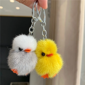 Detail of plush yellow duck keychain set with fuzzy texture and metal keyring
