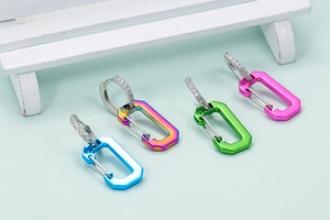 Detail of colorful D-shaped carabiner earrings with sparkling micro-inlaid cubic zirconia