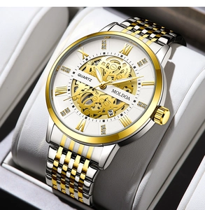 Macro shot of MOLDOA two-tone watch with skeleton dial and Roman numerals on watch pillow