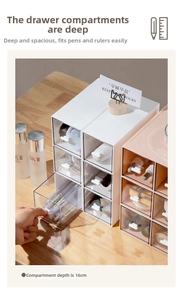 Detail view of 16cm deep modular desk organizer with transparent drawer and white frame