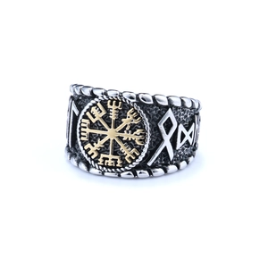 Nordic Viking Vegvisir compass ring in vintage silver and gold finish for men