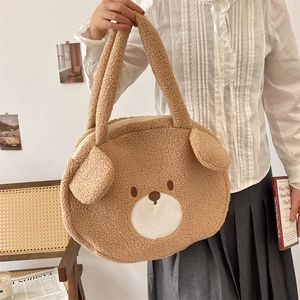 Detail of cute brown teddy bear plush tote bag with soft lamb wool and 3D ears