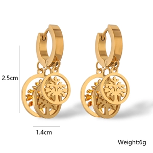 Detailed view of gold tree of life hoop earrings with dimensions 2.5cm by 1.4cm