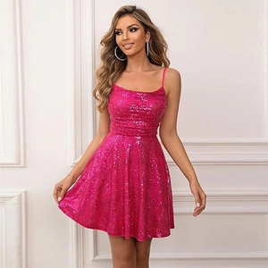 Sparkly magenta sequin mini dress for women featuring a slim fit and A-line party silhouette
