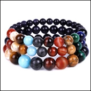 Detailed view of layered beaded bracelets with tiger eye, onyx, and colorful natural stones