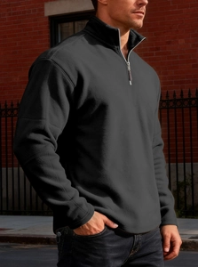 Detailed close-up of dark grey men's quarter-zip fleece pullover with stand-up collar