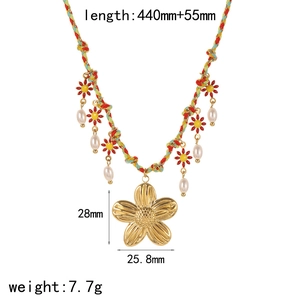 Detailed view of flower pearl necklace with colorful rope and size measurements