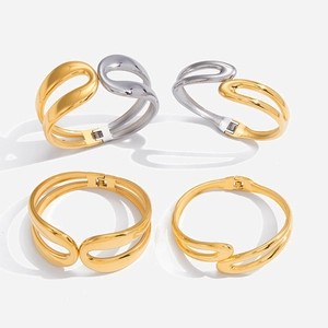 18K Gold Plated Stainless Steel Bangle Bracelet Sculptural Layered Hollow Geometric Wave Open Cuff For Women