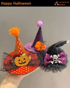 Detailed close-up of handmade Halloween hair clips featuring sequin pumpkins and ghosts
