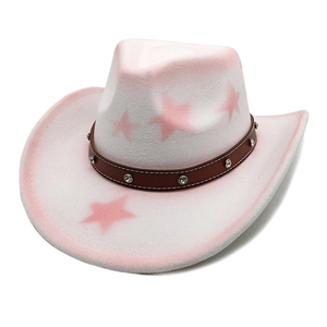 Top view of pink and white gradient cowboy hat with star motifs and studded leather band