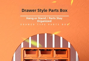 Detail of orange modular component storage drawer showing stackable wall-mount design