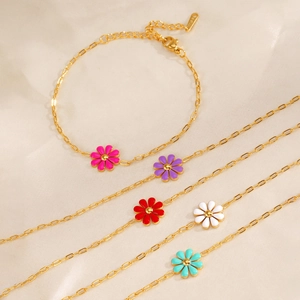 Colorful daisy enamel bracelets in gold finish with vibrant floral charms and lobster clasp