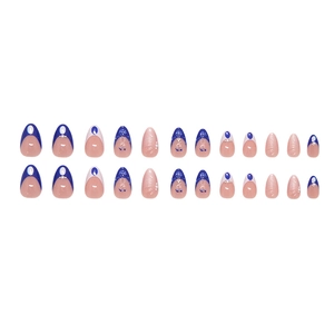 Faux ongles bleu profond style français avec perles blanches, forme amande, 24 pièces