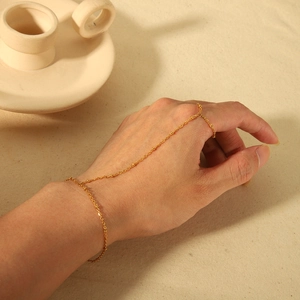 Close-up of 18k gold plated stainless steel hand harness with finger ring on model
