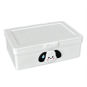 Weiße minimalistische Schreibtisch-Aufbewahrungsbox mit Comic-Hund Deckel und Verschluss