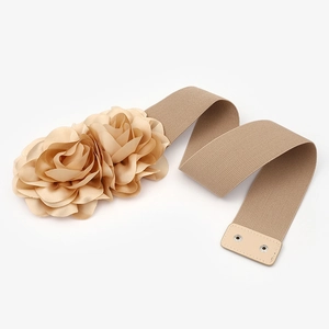 Elastic beige waist belt with 3D fabric flowers and snap button closure for dresses