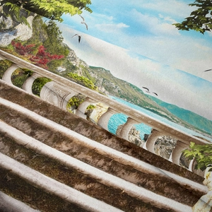 Detail of high-definition tapestry showing Mediterranean sea view and stone railing