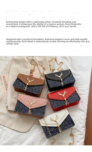 Detail of five sequin patchwork crossbody bags with gold deer head hardware and chain straps