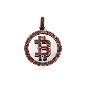 Gunmetal Bitcoin logo pendant with red micro-pave zircons for hip hop men jewelry