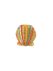 Detailed macro view of gold-plated shell-shaped ring with colorful enamel texture