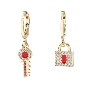 Hip hop style gold earrings with lock and key charms featuring clear and red crystals
