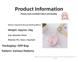 Detail showing 70mm diameter and 66g weight specifications for the round PU folding mirror